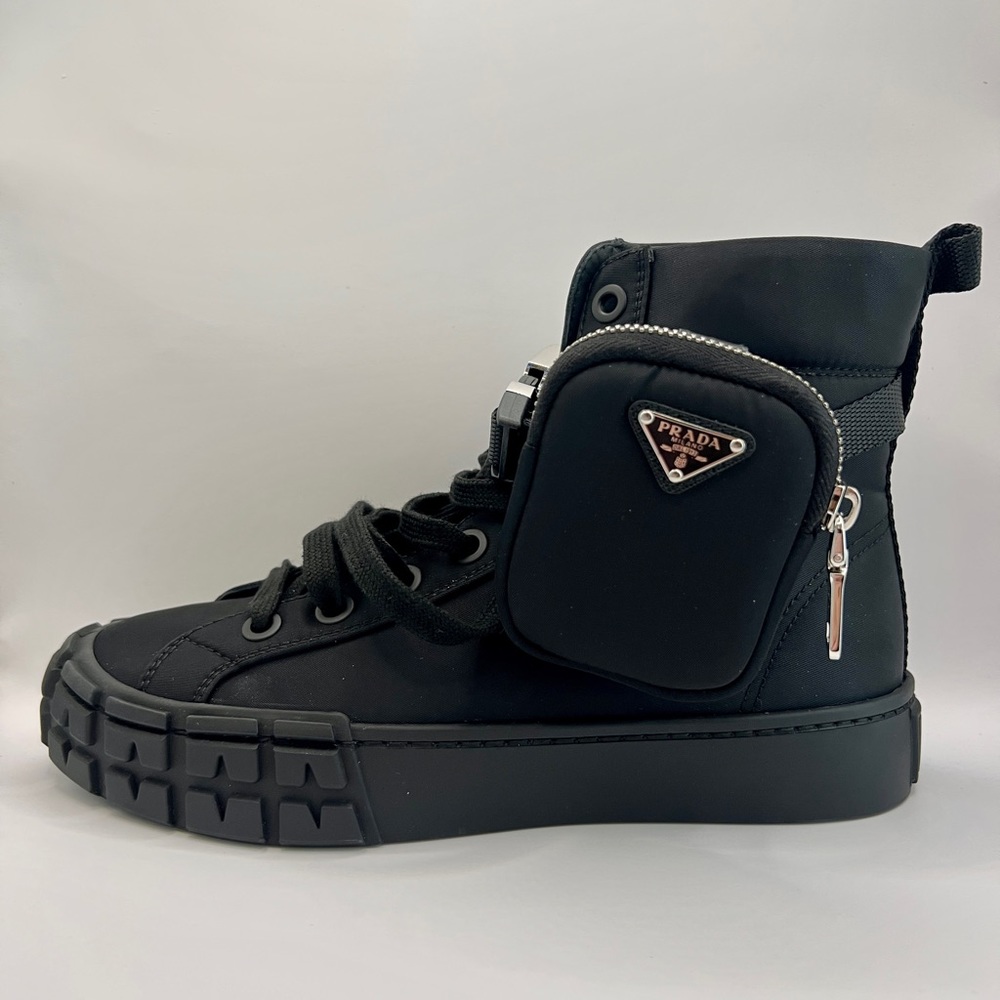 Authentic NIB Women’s Prada Black Re-Nylon High-Top Sneakers with Ankle Pouches